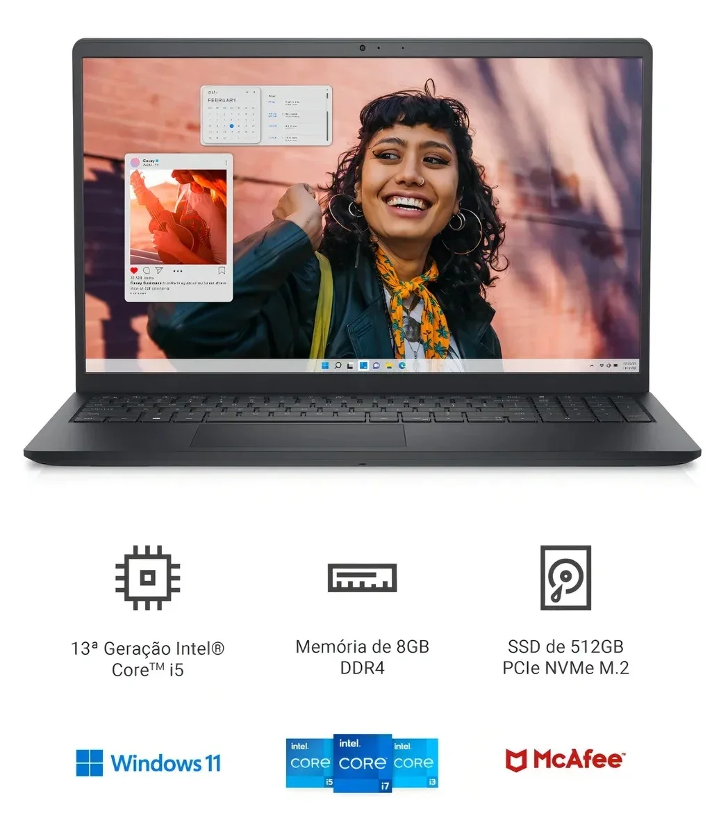 Notebook Dell Inspiron I15-i1300-A30P Intel Core i5, 8GB RAM, SSD 512GB, Tela 15.6" Full HD, Windows 11 — Preto